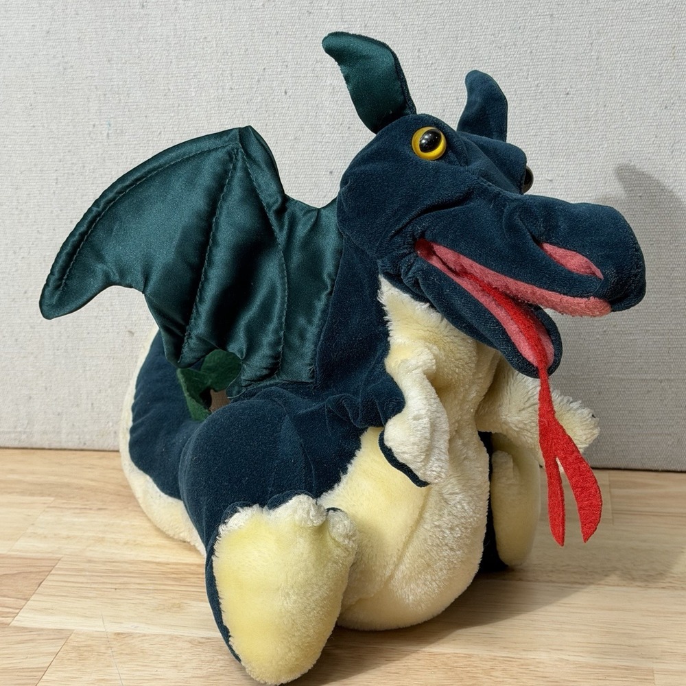 VTG Folkmanis Folktails Green Dragon Hand Puppet Plush Mythical Monster 11"
